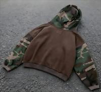 Sweat à capuche personnalisé pour homme en coton épais, patchwork, effet soleil, délavé, zippé, imprimé camouflage, délavé à l'acide, effet vieilli