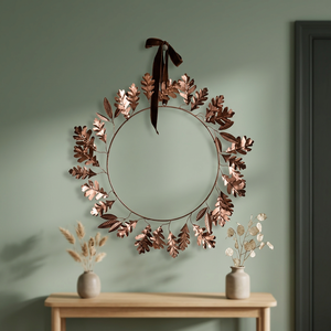 Guirnalda Decorativa Redonda Rústica Hecha a Mano con Hojas de Roble y Cobre, Sin Iluminación, Pieza Única - Product Image 1