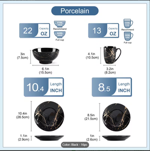 Fabricant Bluk, vente en gros personnalisée de services de vaisselle noirs pour 4 personnes, ensembles de vaisselle en porcelaine 16 pièces (assiettes, bols, tasses) - Product Image 5