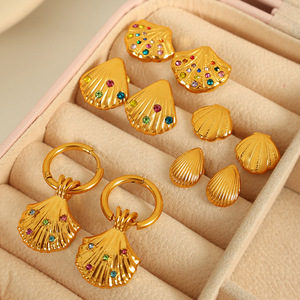 Gold Plated Shell <b>Stud</b> <b>Earrings</b> With Colorful Rhinestones For Women Fashion Jewelry - Product Image 2