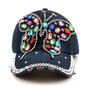 Unisex Distressed Colorful Crystal Large Butterfly Wash Denim Cap Women 6 panel Hat Custom Worn Out Bling Baseball Cap Wholesale