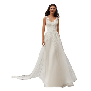 Wedding Dress A-Line V-Neck Lace Embroidery Organza Tulle Train Pure White Ivory - Product Image 1
