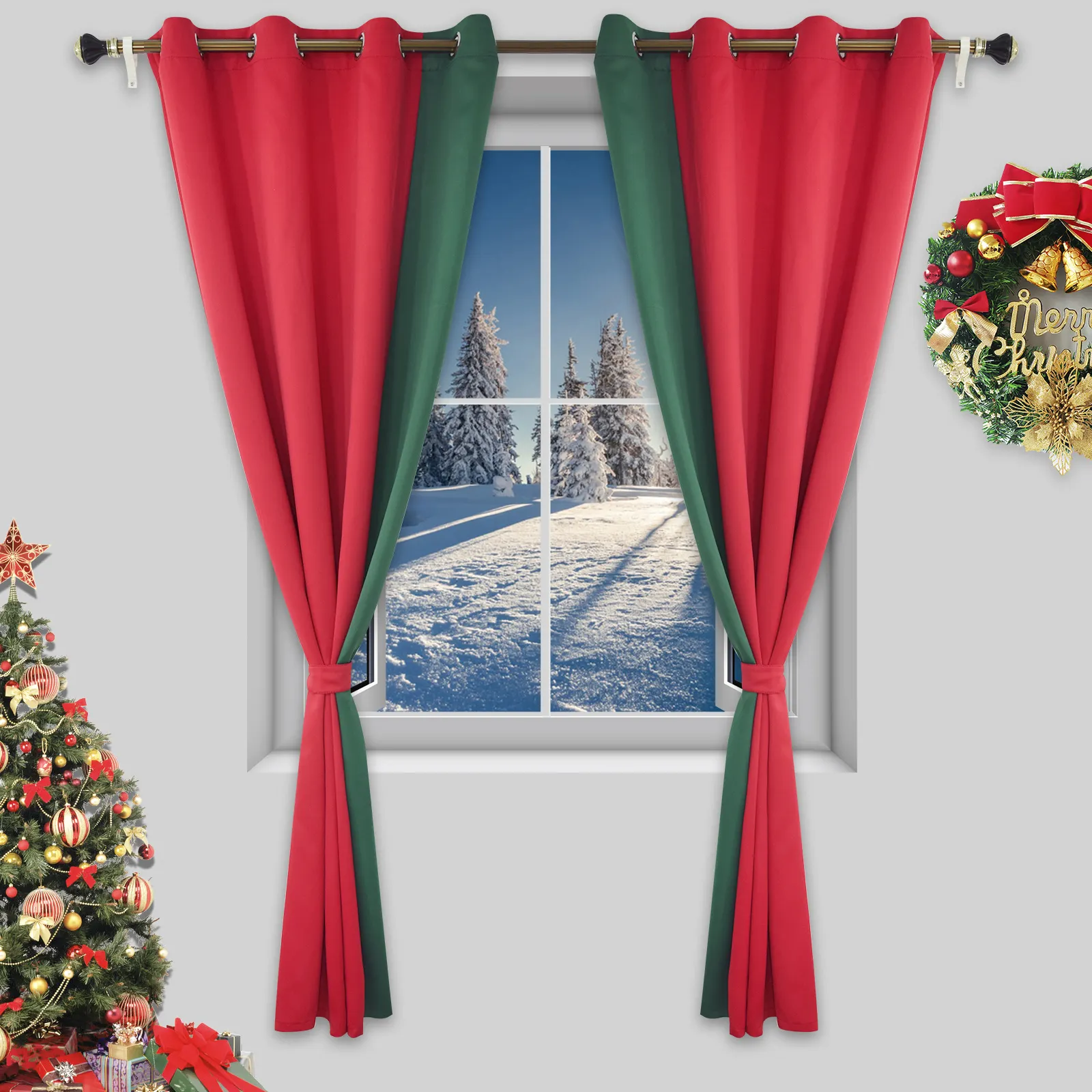 Luxury Solid Fabric Spliced Curtains Classic Style Blackout Green and Red Chrisma Design Curtain For Living Room Bed Room