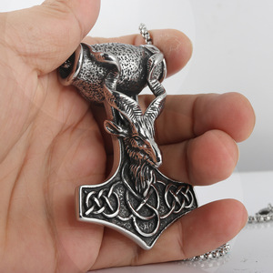 Thor's Hammer Pendant Stainless Steel Animal Antelope Design 24mm <b>Necklace</b> Gift For Men - Product Image 3