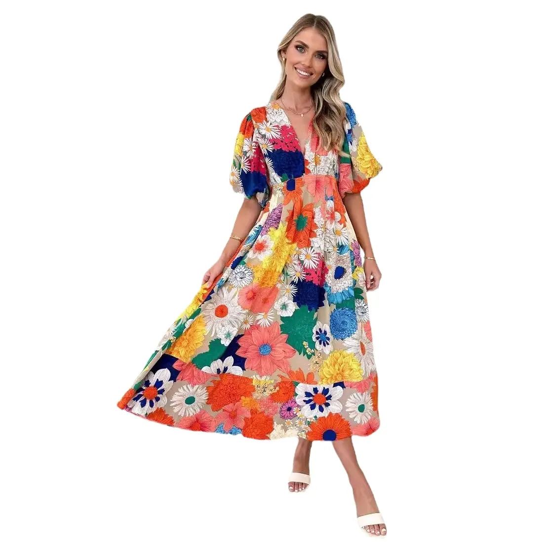 Женское платье-макси с V-образным вырезом, плиссированная юбка в европейском и американском стиле с цветочным принтом, 2024