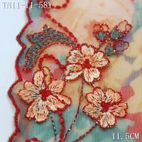 Dentelle brodée à motif rouge, bleu et rose brillant, largeur 11,5 cm, pour vêtements et mariages