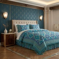 Parure de lit OEM 4 pièces brodée tuftée à volants motif carreaux marocains turquoise, comprenant housse de couette et jupe de lit