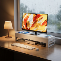 Rehausseur d'écran blanc élégant de 70 cm avec tiroirs dissimulés et station de charge tout-en-un pour ordinateur de bureau
