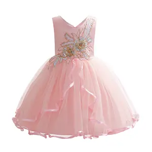 2024新款时尚夏季无袖粉色玫瑰刺绣薄纱连衣裙儿童女孩公主裙女孩派对裙