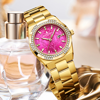 Montre à quartz MONTAGUT tendance en acier inoxydable, simple, étanche, avec calendrier, lumineuse, design diamant doré, cadran rose pour femme