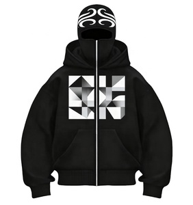 Venta al por mayor personalizado bordado doble capucha Ninja doble capa pulóver de talla grande peso pesado cremallera completa pasamontañas sudaderas con capucha hombres - Product Image 1