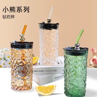 Bouteilles en verre créatives pour jus de fruits 400 ml en forme d'ours, avec pailles, tasses à lait mignonnes résistantes à la chaleur pour la maison avec couvercles