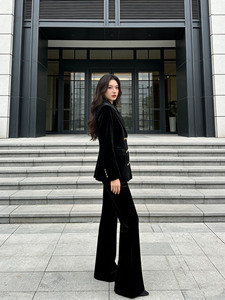 Womens Velvet Two Piece Suit Double Breasted <b>Blazer</b> and Flare Pants Elegant Slim Fit Formal <b>Set</b> - Product Image 4