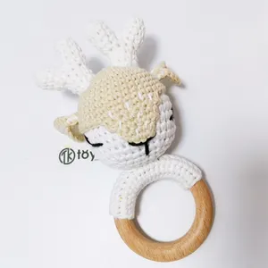 TK Handmade Baby Beech Wooden Teether With Crochet Animal Reindeer Deer Cotton Toy Hand Crochet Baby Toys