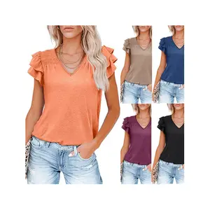 W3444 Summer Casual Clothing Hollow V Neck Shirt Woman Fashion Butterfly Short Sleeve Blouse Women Loose Elegant Tops