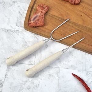Manche en <span class=keywords><strong>paille</strong></span> de blé Plus Fourchette télescopique en acier inoxydable pour barbecue Ensemble d'outils de barbecue 2 pièces - Product Image 4