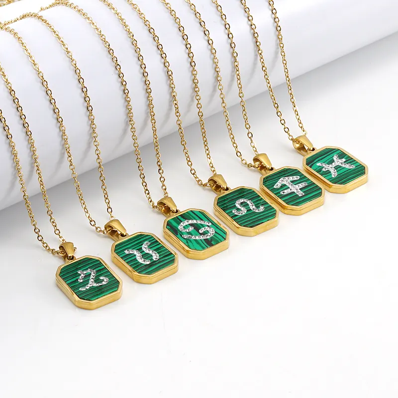 Poya 12 astrologia segno placcatura in oro 18 carati ciondolo quadrato collana zodiaco Malachite