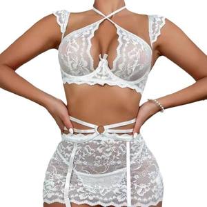 Nouvel ensemble de lingerie sexy en dentelle brodée pour femme, style frais et pur, avec soutien-gorge transparent à col halter, ensemble quatre pièces - Product Image 4