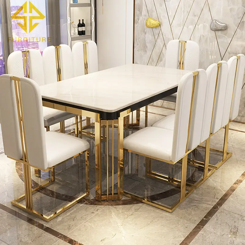 Moderne luxus designs gold metall basis marmor top esstisch sets 8 stühle
