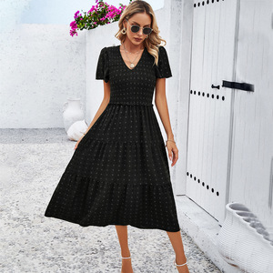 Nuovo <span class=keywords><strong>stile</strong></span> autunnale, gonna lunga <span class=keywords><strong>retrò</strong></span> a maniche corte con scollo a V e pois, casual e alla moda, versatile. - Product Image 1