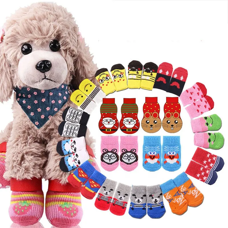 2023 New arrival 4pcs Warm Puppy Dog Shoes Soft Breathable Pet Knits Socks Cartoon Anti Slip Skid Socks for Small Dogs
