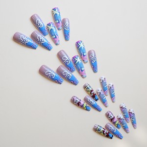 24 Uñas Postizas de Bob Esponja, Diseño Largo en Forma de Ataúd, Color Azul Degradado, con Diseño de Patricio Estrella y Estrellas de Mar, Suministros para Uñas - Product Image 3