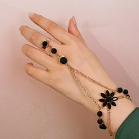 Ensemble bague et bracelet de cheville fleur en zircon noir électroplaqué en alliage, design haut de gamme pour femme, le plus vendu