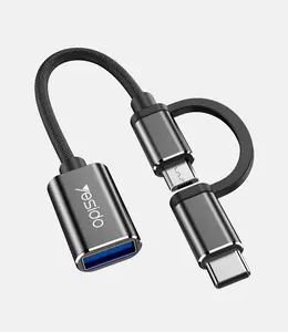 Yesido GS02 Kabel Jalinan Katun Berkualitas Tinggi 2 In 1 Sangat Kompatibel Anti-regang 10CM OTG Adaptor Tipe-c & Mikro Ke USB