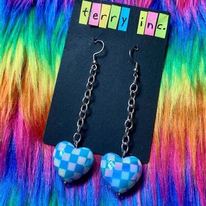 Yan Lan Acrylic Checkerboard <b>Heart</b> Drop Earrings Stainless Steel Chain Fresh <b>Sweet</b> Style Fashion Jewelry - Product Image 2