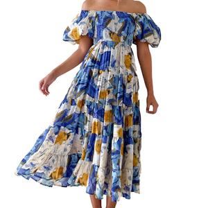 Vestido Casual Personalizado al por Mayor para Mujer, Ropa con Tela Personalizada, Vestido con Estampado Floral, Hombros Descubiertos o Cuello en U, con Puntada Smocking - Product Image 2