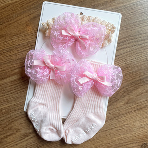 Moda çocuk çocuk pamuk kablo örgü çorap kız bebek dikey çizgili dantel yay çorap ve saç bandı seti - Product Image 3