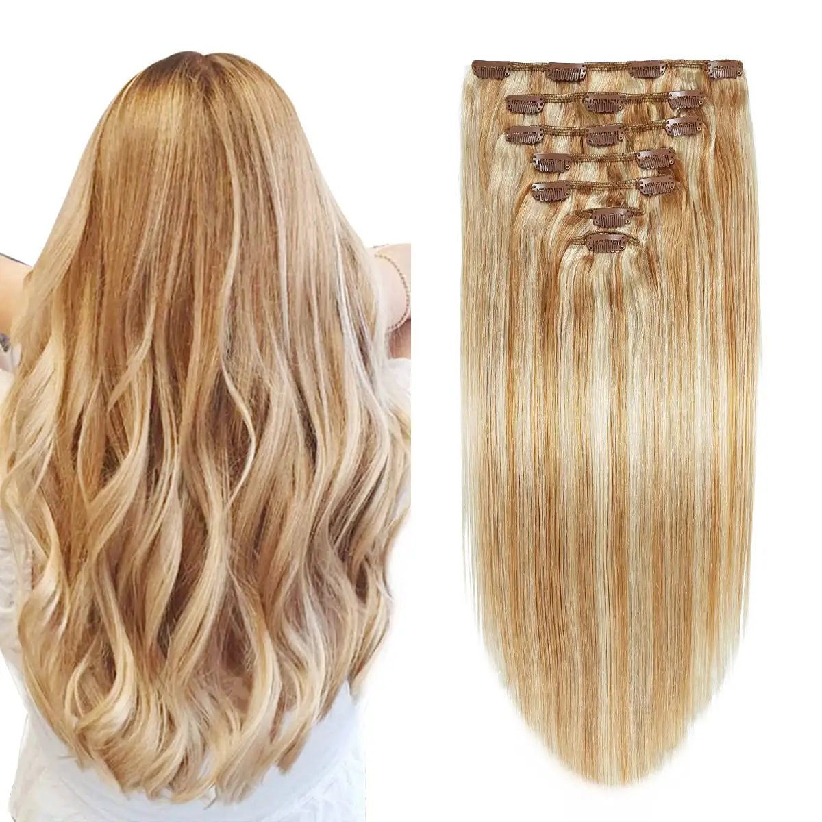 Strawberry Blonde/Bleach Human Hair Extensions Clip Ins 16 inches 7pcs 120g Straight Double Weft Remy Clip in Hair Extensions