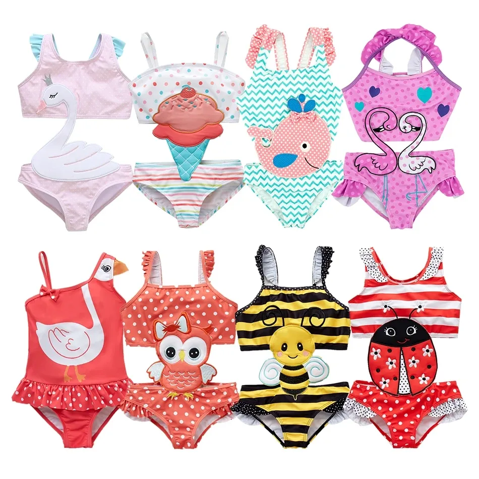 2023 12M-8Y Summer Cartoon Swan Bee Icecream Baby Girls Swimwear Swimsuit Kids One Piece Swimming Beach Bikini Bathing Suit