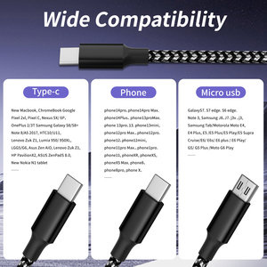 Câble USB C <span class=keywords><strong>6</strong></span> pieds 100W Nylon tressé USB-C <span class=keywords><strong>cordon</strong></span> de <span class=keywords><strong>chargeur</strong></span> multiple avec port Micro et IP de type C pour câble de charge <span class=keywords><strong>iPhone</strong></span> 16/15 - Product Image 2