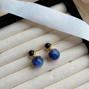 Pendientes Elegantes Retro Simples con Doble Cuentas para Mujer, Azules, Exquisitos, con Bola de Lapislázuli, Plata S925, Estilo Francés, Oro Fino - Product Image 5