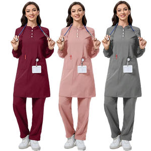 Para <span class=keywords><strong>SHEIN</strong></span> TaskFit 2 uds azul Color sólido minimalista enfermería Scrub uniforme conjunto botón frontal <span class=keywords><strong>manga</strong></span> <span class=keywords><strong>larga</strong></span> Hospital Doctor camisa - Product Image 2