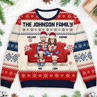 Pull de Noël moche unisexe personnalisé en mélange de polyester à séchage rapide, motif couple de dessins animés avec enfants et animaux de compagnie, pour le dropshipping