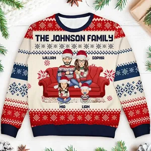 Maglione Natalizio Personalizzato Unisex in Misto Poliestere ad Asciugatura Rapida con Stampa di Coppia Cartoon con Bambini e Animali Domestici - Product Image 1