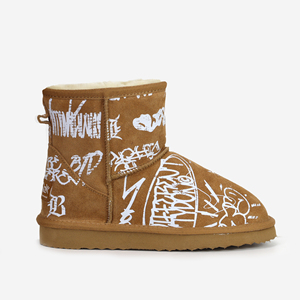 Tùy Chỉnh Của Phụ Nữ Thời Trang Cổ Điển Graffiti Nhỏ Mắt Cá Chân Len Bò Da Lộn Tuyết Ngắn Úc Da Cừu Lông Khởi Động - Product Image 2