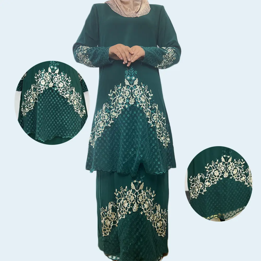 OEM Mode bestickt moderne muslimische elegante Kebaya malaysische moderne Baju Kurung für Frauen 2 Stück Set