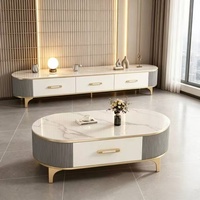 Meuble TV moderne en bois d'ingénierie et pierre frittée avec tiroirs dissimulés, console multimédia pour salon