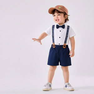Boys’ Kids Polyester Striped Shirt <b>Suspender</b> Shorts Bow Tie <b>Set</b> Formal Casual Summer Wear - Product Image 3