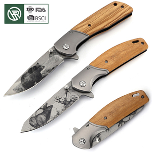 Cuchillo de Bolsillo Táctico de Supervivencia para Campamento y Aire Libre Bochen Hot <span class=keywords><strong>Sela</strong></span>, Personalizado con Patrón de Alce y Jabalí Impreso en 3D, Hoja con Mango de Madera de Olivo - Product Image 1