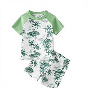 <span class=keywords><strong>Ensemble</strong></span> de maillot de bain pour bébé garçon à motif de cocotiers, respirant, en spandex/polyester, manches courtes, col rond, short, fabriqué en Chine - Product Image 1