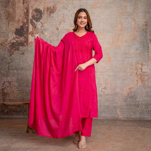 Conjunto de traje Salwar rosa de algodón hasta la rodilla con bordado y dupatta, ropa étnica tradicional para mujer, estilo informal de India y Pakistán - Product Image 1