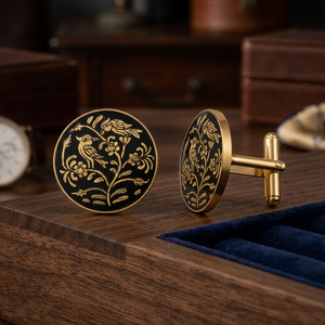 Mayrabygungun Jaipur Inspired Handcrafted Bird Brass Cufflinks | Exquisite Kingfisher Pink Blossom Design Unisex Wedding Party - Product Image 4