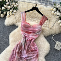 Robe longue décontractée élégante rose tie-dye froncée en maille sans manches pour femme, idéale pour les fêtes, le quotidien et les vacances