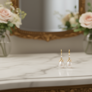 Pendientes de Oro Blanco Biorhe Family con Perla de Imitación y Diamante en Forma de Gota, Engaste de Garra, Joyería Clásica para Mujer para Fiestas - Product Image 2