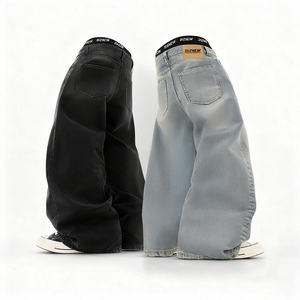 Jeans en denim de coton DiZNEW avec logo personnalisé, finition brossée, pantalon large pour hommes, vente en gros - Product Image 1