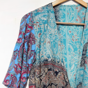 Nueva llegada de seda hecha a mano verano campana manga Crop Top blusa pura seda Patchwork Crop Top seda Wrap Top para mujer - Product Image 1